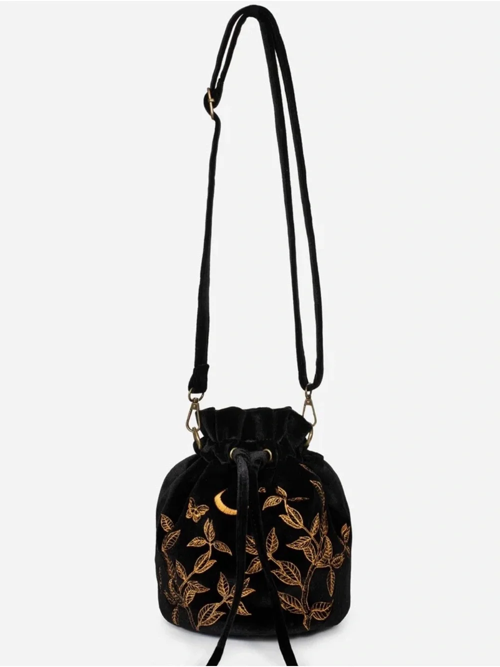 Disturbia Embroidered Velvet Drawstring Bucket Bag - Black with Gold Accents